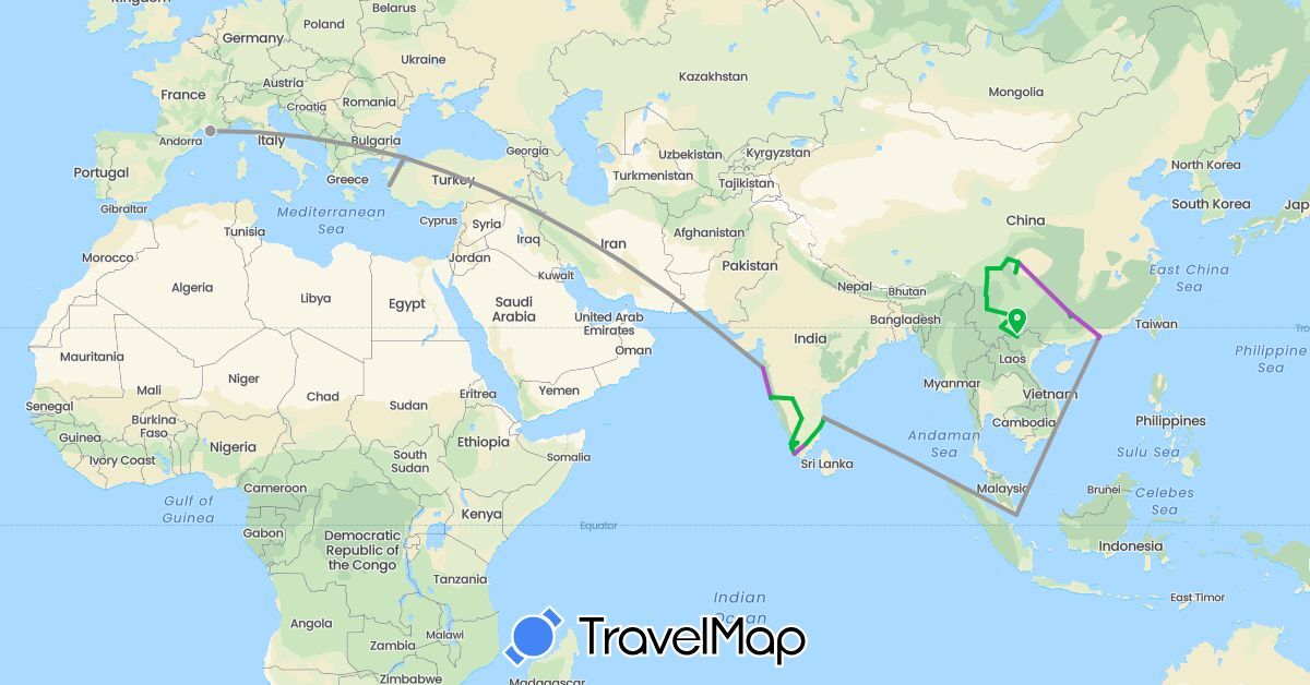 TravelMap itinerary: driving, bus, plane, train in China, France, India, Singapore, Turkey, Vietnam (Asia, Europe)